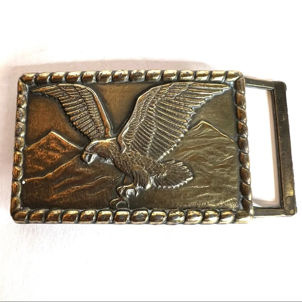Vintage Belt Buckle Brass Bald Golden Eagle Raptor Changeable Freedom Mountains